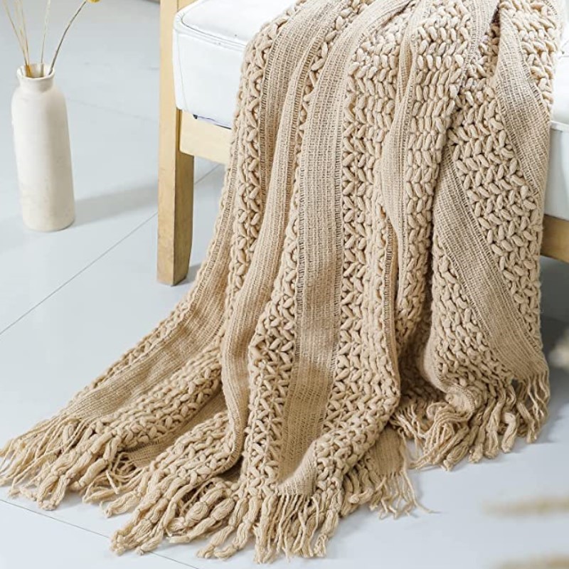 Nordic Crocheted Khaki Blanket - Wool Blanket Herringbone ulasan dan harga