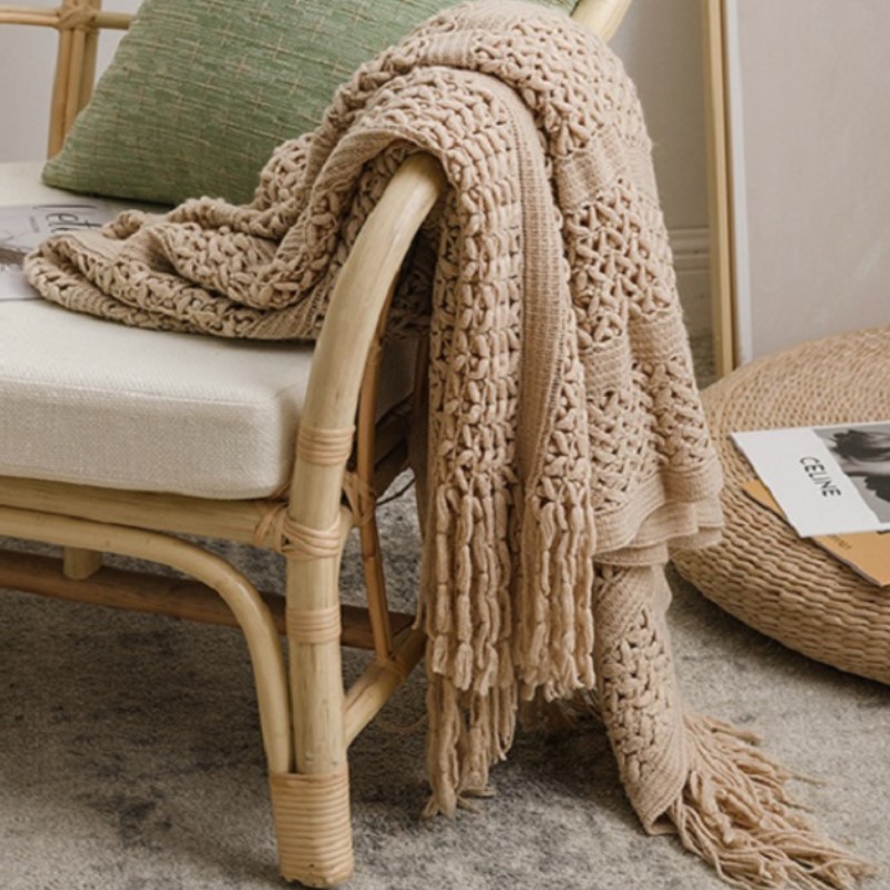 Nordic Crocheted Khaki Blanket - Wool Blanket Herringbone ulasan dan harga