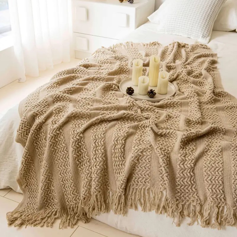 Nordic Crocheted Khaki Blanket - Wool Blanket Herringbone ulasan dan harga